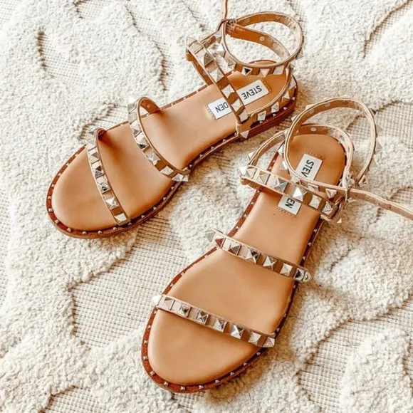 STEVE MADDEN Tan Studded Ankle Strap Flat Sandals