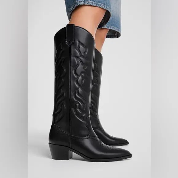 Stradivarius faxu leather cowboy boots western confirm knee high Bohemian shoes