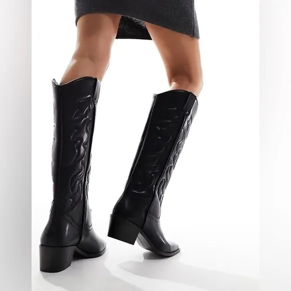 Stradivarius faxu leather cowboy boots western confirm knee high Bohemian shoes
