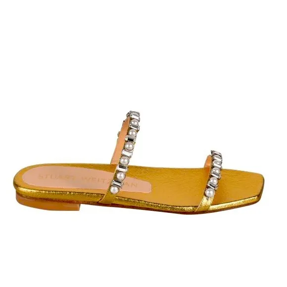STUART WEITZMAN Aleena flat sandals in gold color Sz 39 8.5