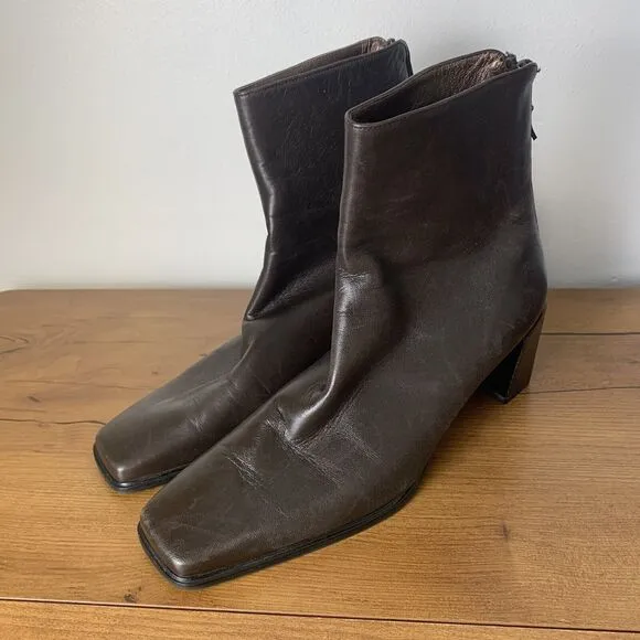 STUART WEITZMAN Ankle Boots Dark Brown Leather Bootie Back Zip US 7.5 Square toe