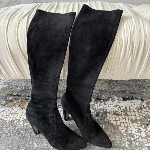 Stuart Weitzman Black Heeled Boots Suede Knee-High