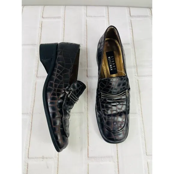 Stuart Weitzman Brown Crocodile Print Heel Loafers sz 7M