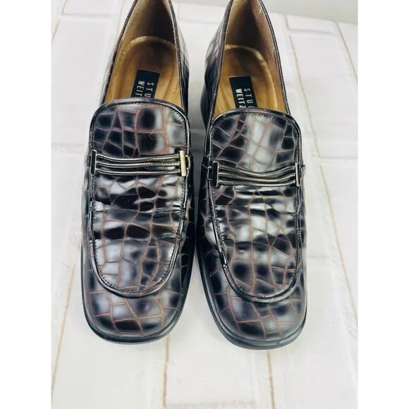 Stuart Weitzman Brown Crocodile Print Heel Loafers sz 7M