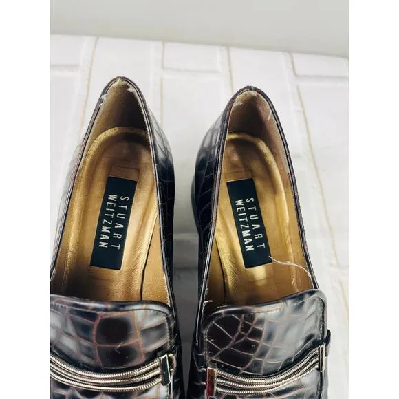Stuart Weitzman Brown Crocodile Print Heel Loafers sz 7M