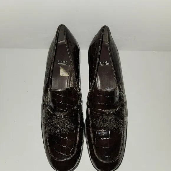 Stuart Weitzman Brown Tassel Crocodile Embossed Patent Leather Loafers Size 9.5
