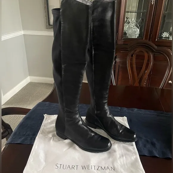 Stuart Weitzman CITY 5050 Black Leather Knee High Stretch Slip On Boot Stretch 8