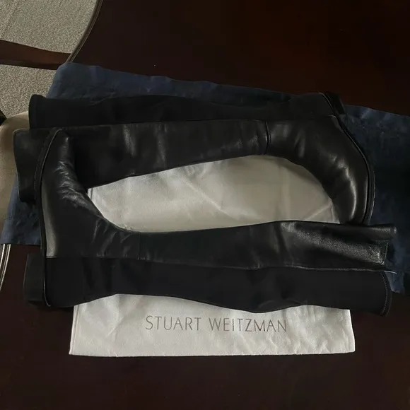Stuart Weitzman CITY 5050 Black Leather Knee High Stretch Slip On Boot Stretch 8