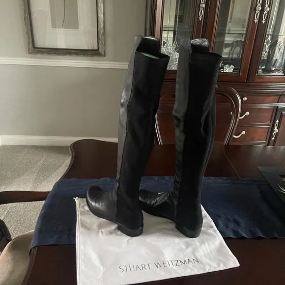 Stuart Weitzman CITY 5050 Black Leather Knee High Stretch Slip On Boot Stretch 8