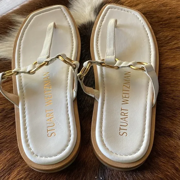 Stuart Weitzman Lalita Thong Leather Sandals White SZ 7.5/38