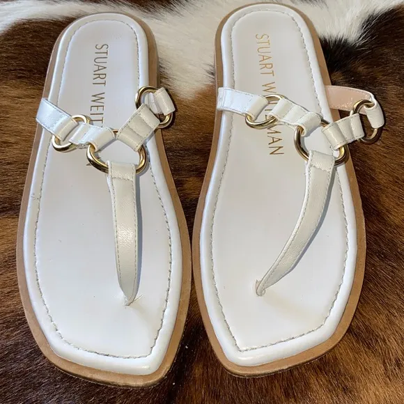 Stuart Weitzman Lalita Thong Leather Sandals White SZ 7.5/38
