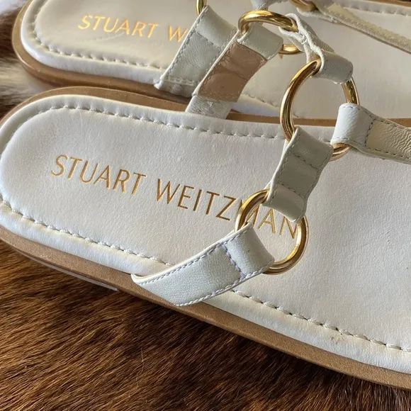 Stuart Weitzman Lalita Thong Leather Sandals White SZ 7.5/38