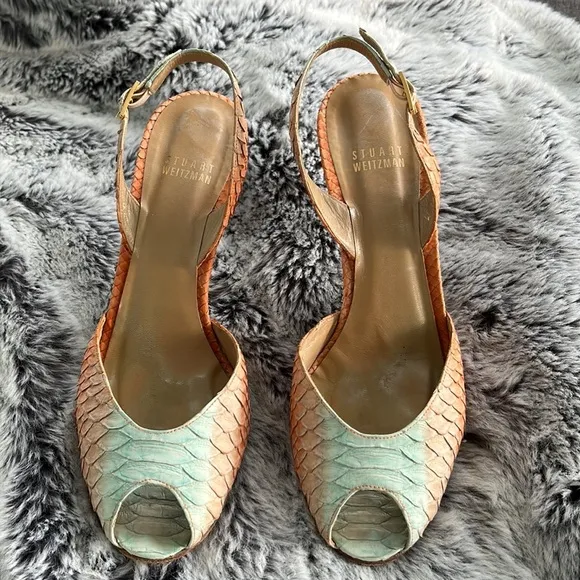 Stuart Weitzman Multi Color Leather Snakeskin Slingback Sandals Size 7.5