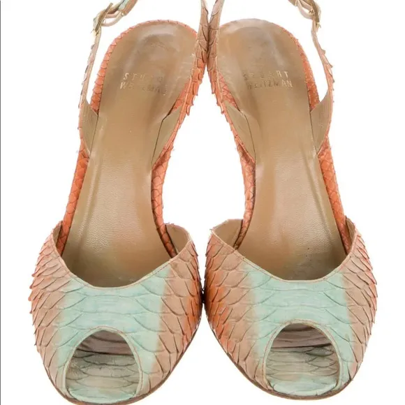 Stuart Weitzman Multi Color Leather Snakeskin Slingback Sandals Size 7.5