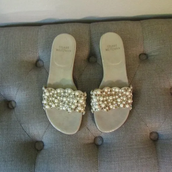 Stuart Weitzman Napoli Pearly Crystal Flat Slide Sandals 6.5 M