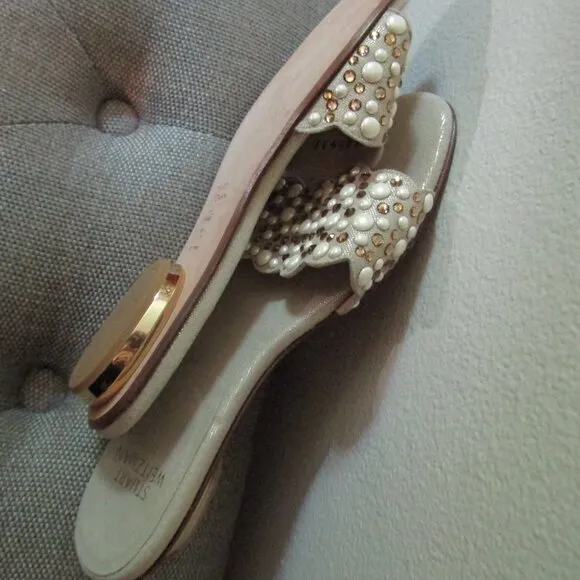 Stuart Weitzman Napoli Pearly Crystal Flat Slide Sandals 6.5 M