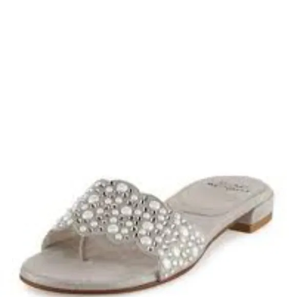 Stuart Weitzman Napoli Pearly Crystal Flat Slide Sandals 6.5 M