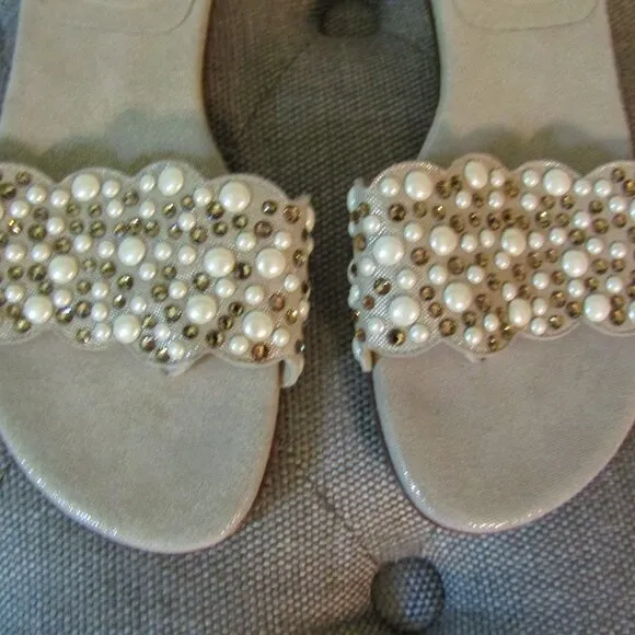 Stuart Weitzman Napoli Pearly Crystal Flat Slide Sandals 6.5 M