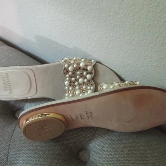 Stuart Weitzman Napoli Pearly Crystal Flat Slide Sandals 6.5 M
