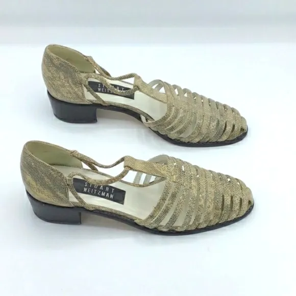 Stuart Weitzman Python Gold Leather Caged Loafers 8.5.