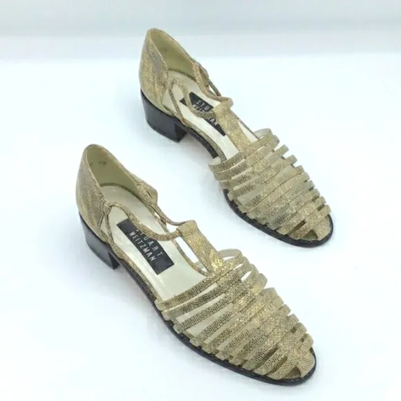 Stuart Weitzman Python Gold Leather Caged Loafers 8.5.