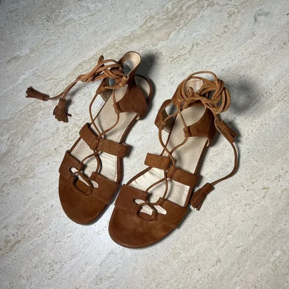 Stuart Weitzman Roman suede flat lace up gladiator brown sandals size 37.5