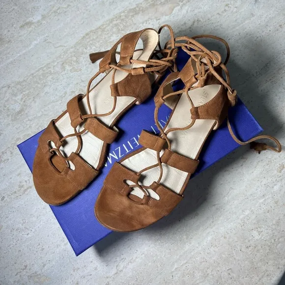 Stuart Weitzman Roman suede flat lace up gladiator brown sandals size 37.5