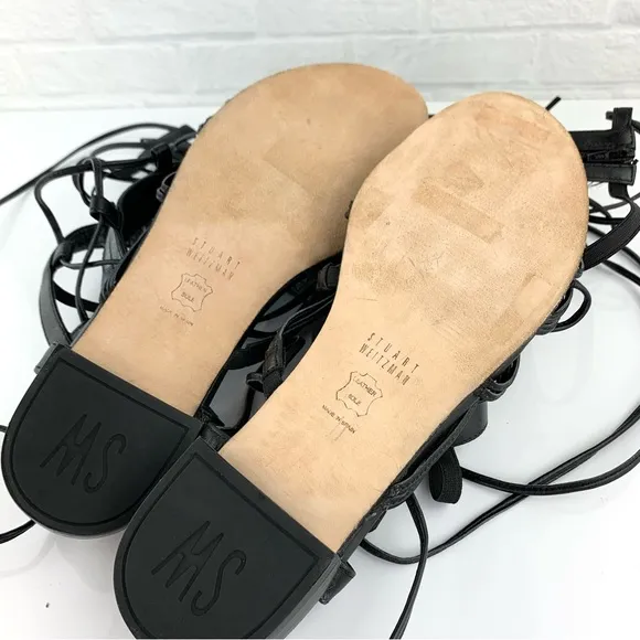 Stuart Weitzman Sparta Black Nappa Leather Gladiator Sandals Size 7.5 M $498