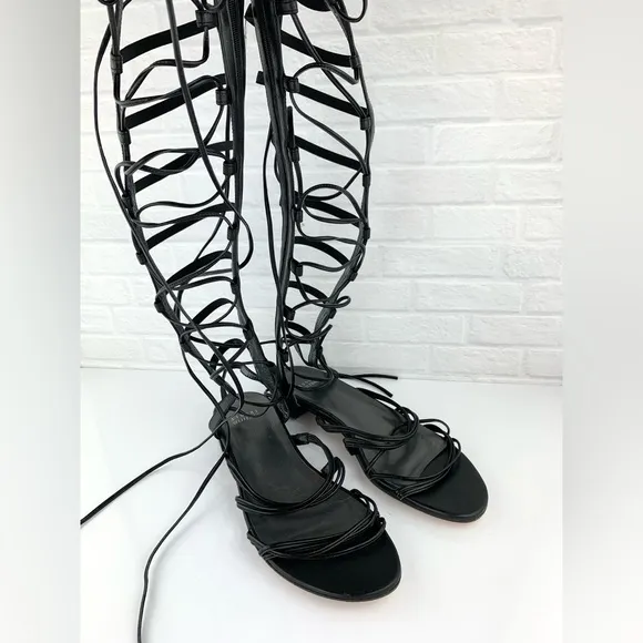 Stuart Weitzman Sparta Black Nappa Leather Gladiator Sandals Size 7.5 M $498