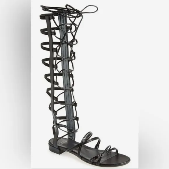 Stuart Weitzman Sparta Black Nappa Leather Gladiator Sandals Size 7.5 M $498