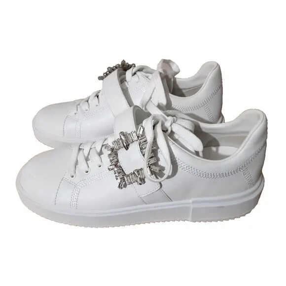 STUART WEITZMAN SW SHINE BUCKLE SNEAKER women 10B eu 40.5 white rhinestones