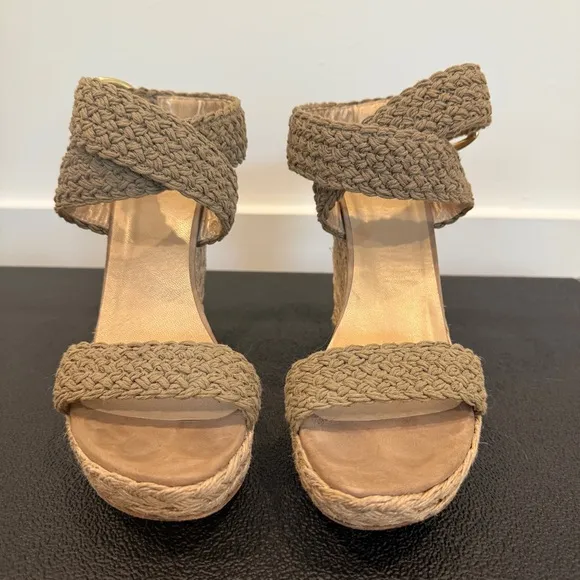 Stuart Weitzman Tan Woven Wedge Sandals