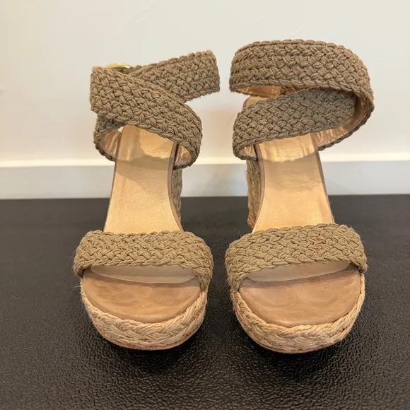 Stuart Weitzman Tan Woven Wedge Sandals