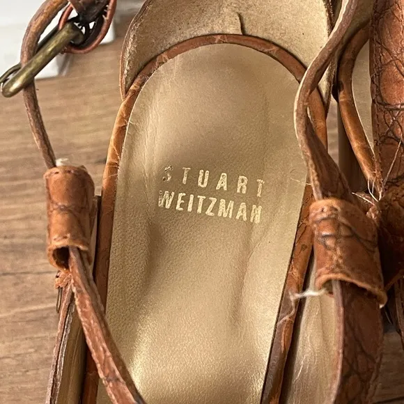 Stuart Weitzman Women's Crocodile Phoenix Leather Sandals Brown Size 7