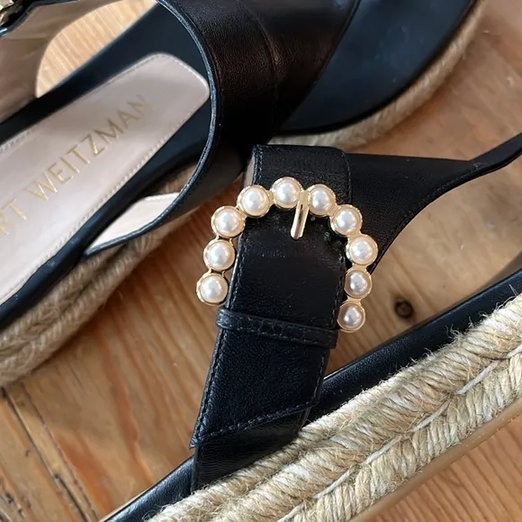 STUART Weitzman Women’s Pearl Wedge Embellished Thong Sandals Black Jute 10