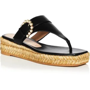 STUART Weitzman Women’s Pearl Wedge Embellished Thong Sandals Black Jute 10