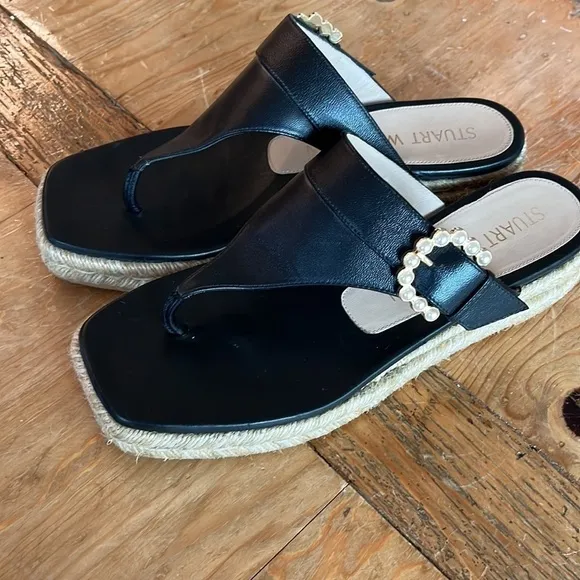 STUART Weitzman Women’s Pearl Wedge Embellished Thong Sandals Black Jute 10