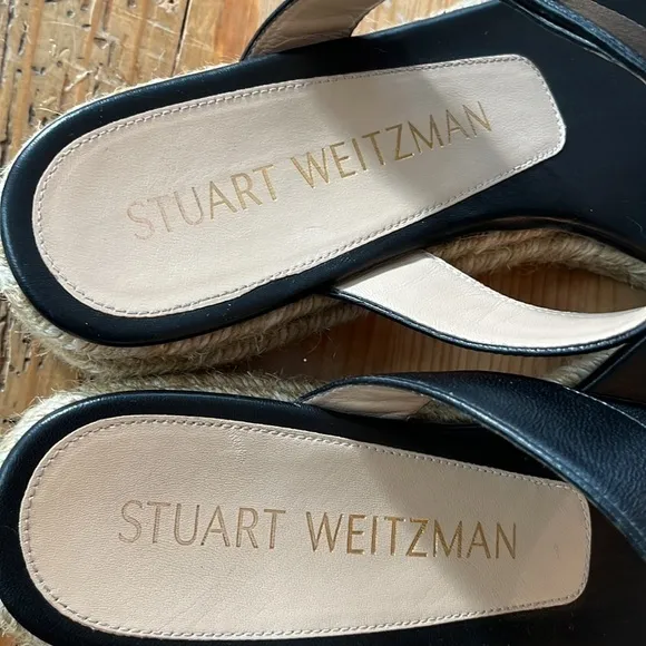 STUART Weitzman Women’s Pearl Wedge Embellished Thong Sandals Black Jute 10