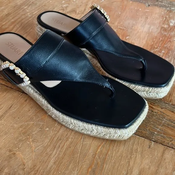 STUART Weitzman Women’s Pearl Wedge Embellished Thong Sandals Black Jute 10