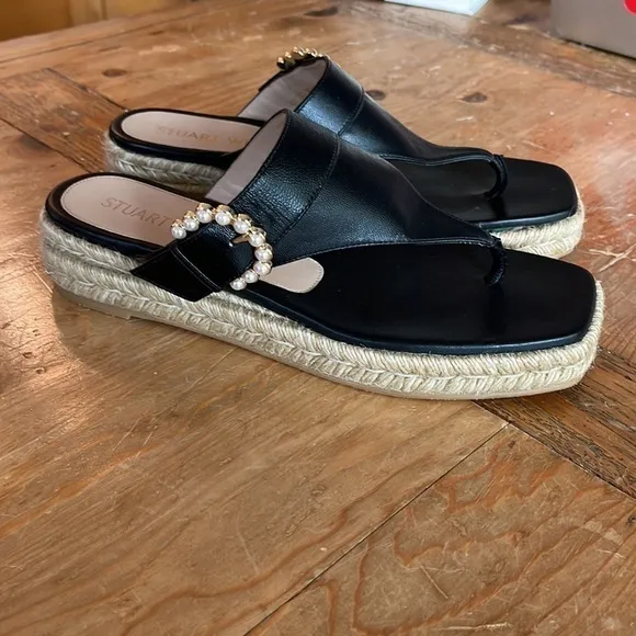 STUART Weitzman Women’s Pearl Wedge Embellished Thong Sandals Black Jute 10