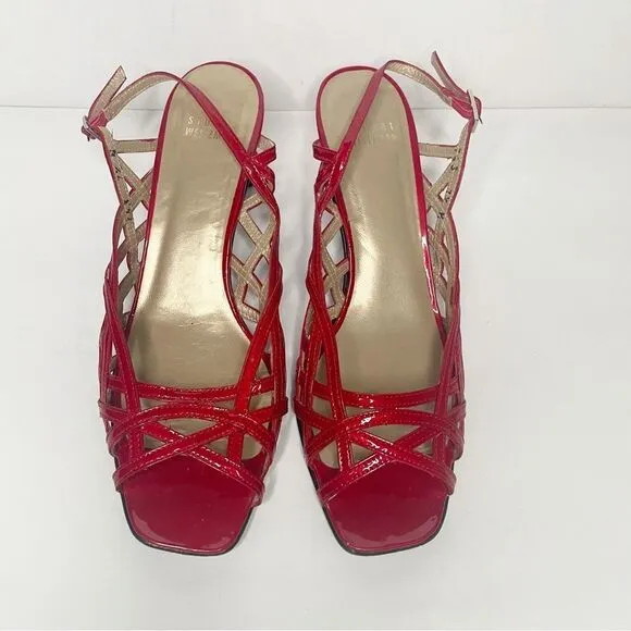 Stuart Weitzman 90s Linner Sandals Red patent Leather Strappy Low Heels 7.5