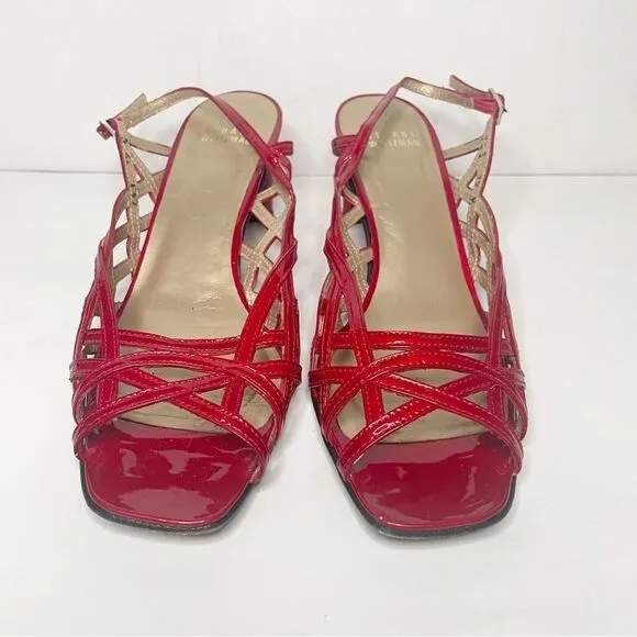 Stuart Weitzman 90s Linner Sandals Red patent Leather Strappy Low Heels 7.5