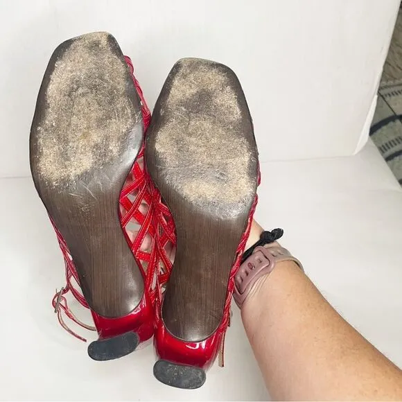 Stuart Weitzman 90s Linner Sandals Red patent Leather Strappy Low Heels 7.5