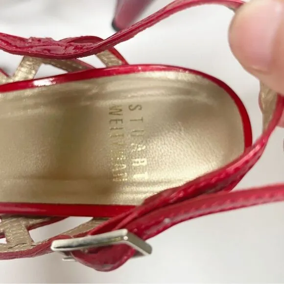 Stuart Weitzman 90s Linner Sandals Red patent Leather Strappy Low Heels 7.5
