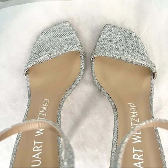 Stuart Weitzman's Nudistcurve Shimmery Ankle Strap Sandals Silver Size 6.5B NIB