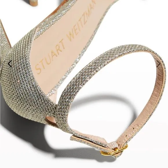 Stuart Weitzman's Nudistcurve Shimmery Ankle Strap Sandals Silver Size 6.5B NIB