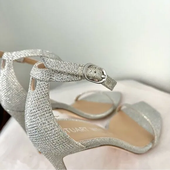 Stuart Weitzman's Nudistcurve Shimmery Ankle Strap Sandals Silver Size 6.5B NIB