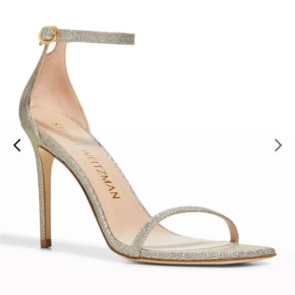 Stuart Weitzman's Nudistcurve Shimmery Ankle Strap Sandals Silver Size 6.5B NIB