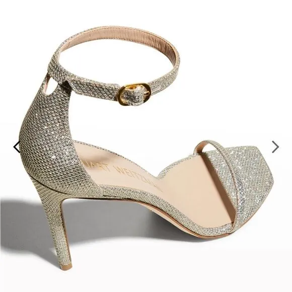 Stuart Weitzman's Nudistcurve Shimmery Ankle Strap Sandals Silver Size 6.5B NIB