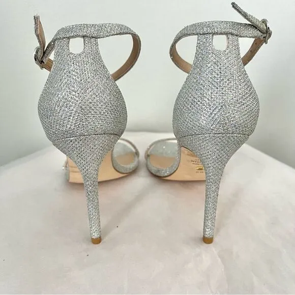 Stuart Weitzman's Nudistcurve Shimmery Ankle Strap Sandals Silver Size 6.5B NIB
